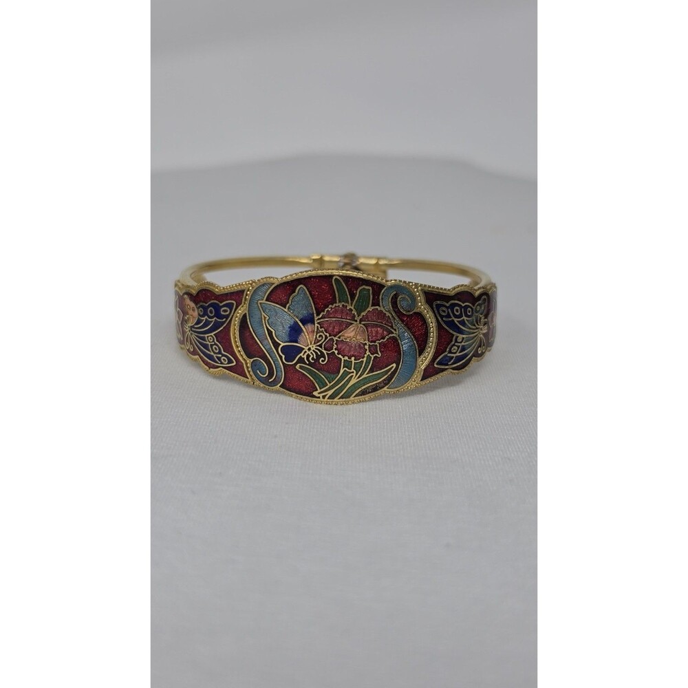 Vintage Cloisonné Butterfly Floral Hinged Bangle Bracelet Red Enamel Gold Tone